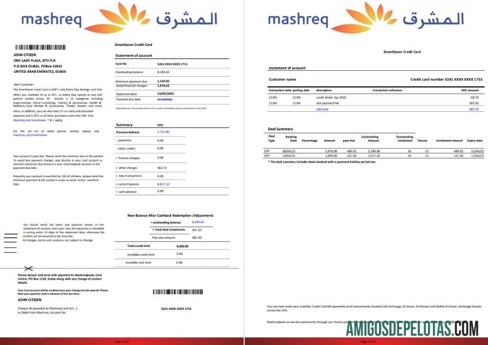 UAE Mashreq Bank Statement 4 Pages amostra